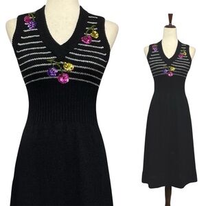 Vintage 70s Jon-Michel Metallic Knit Sequin Floral Black Sleeveless Dress Size S